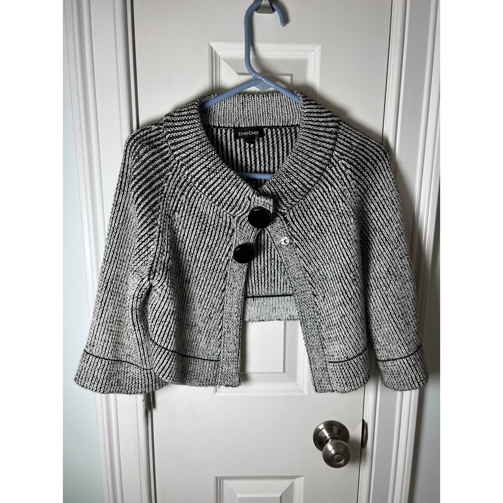 Bebe Black White Marled Knit Cropped Cardigan Sweater Wool Blend Size M